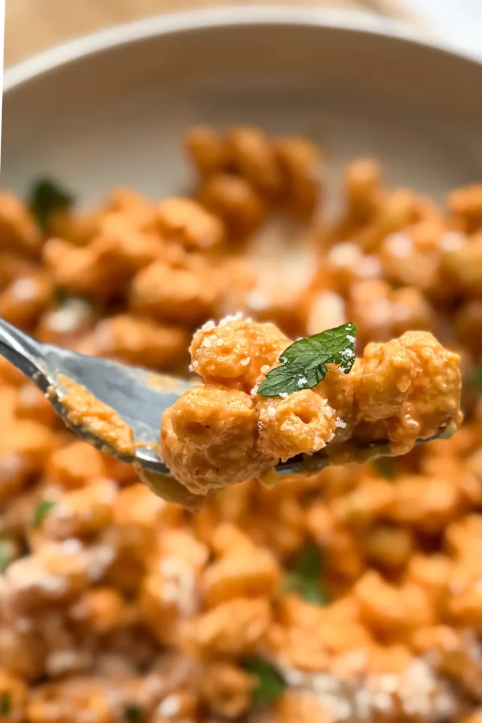 A close-up of a forkful of the cottage cheese pasta sauce with high protein noodles.