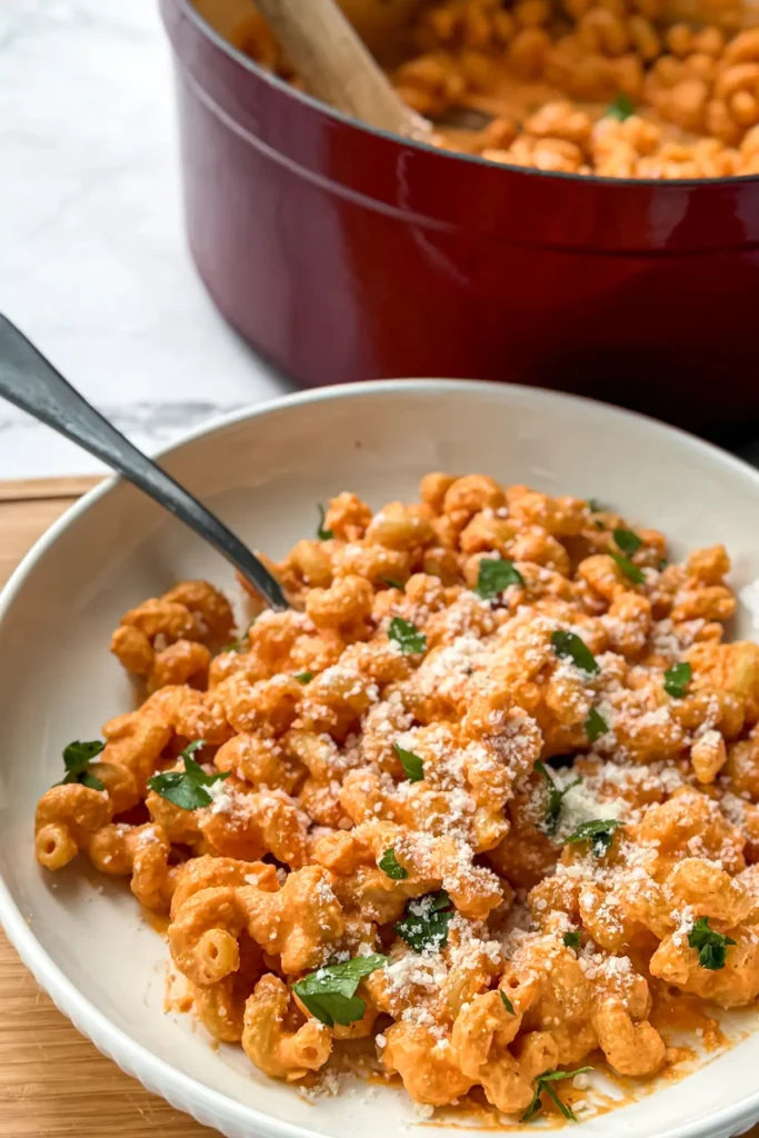 A bowl of protein pasta with hidden veggies next to a large pot of pasta.
