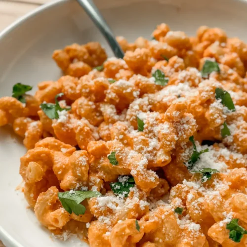 A close-up of a bowl of cottage cheese pasta with hidden sweet potatoes topped with parmesan cheese with a fork in it on a table.