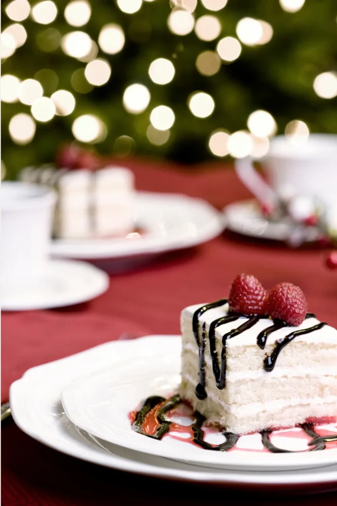 A piece of dessert on a plate on a table with Christmas decor in the background.