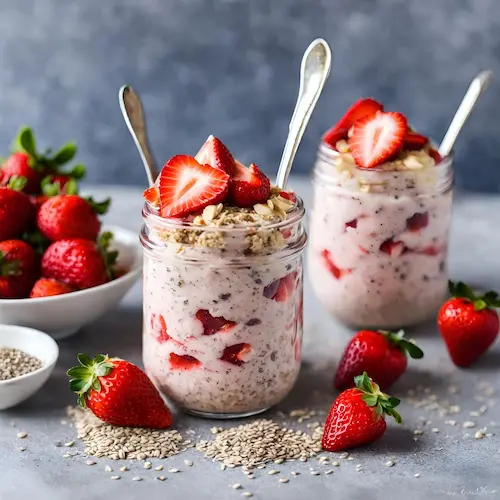 Two glass jars of cheesecake overnight oats, high in protein and fiber.