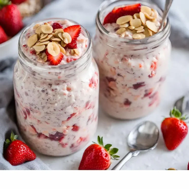 Two berry cheesecake overnight oats in glass jars on a cutting board garnished with strawberries.