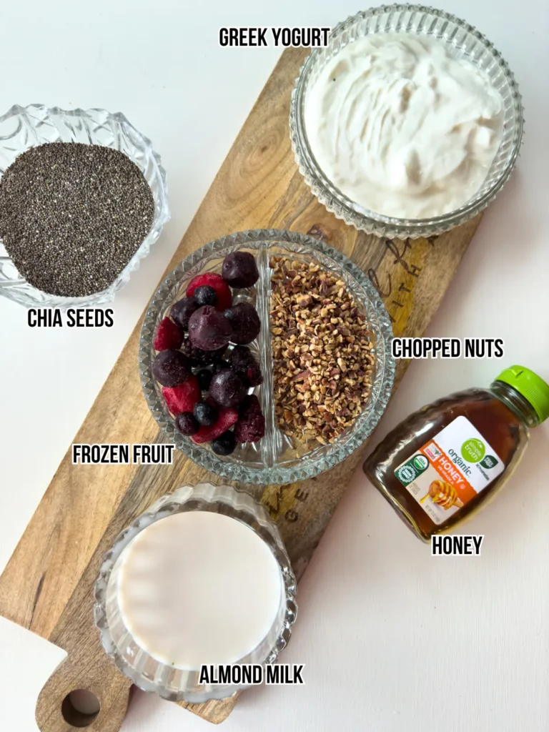 Individually portioned ingredients for the chia breakfast bowl.