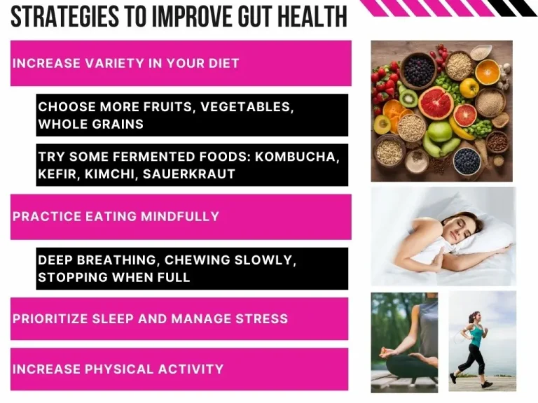 An infographic detailing 8 strategies to improve your gut health like increasing variety in your diet, eating mindfully, prioritizing sleep, and managing stress.