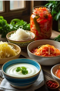 Probiotic and prebiotic rich food sources, like yogurt and sauerkraut, on a counter in a kitchen,