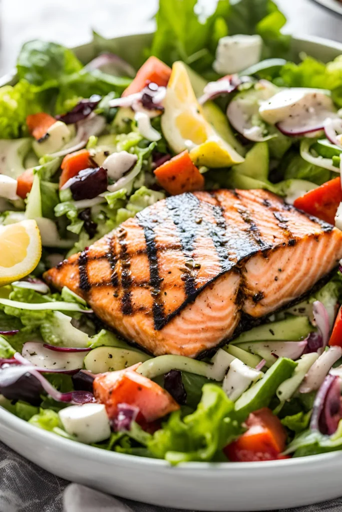 Grilled salmon on a bed of lettuce with fresh tomatoes in a bowl.
