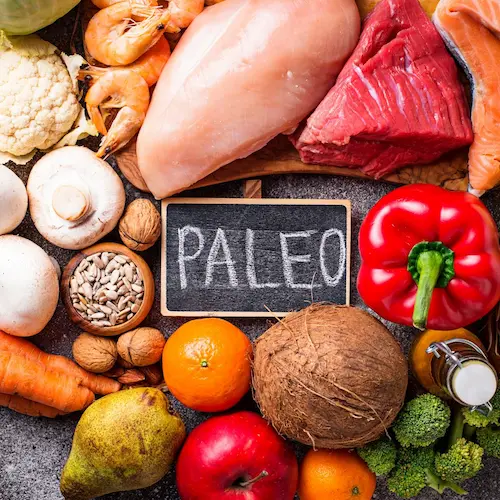 Foods which are found on a Paleo diet: lean beef, eggs, vegetables.