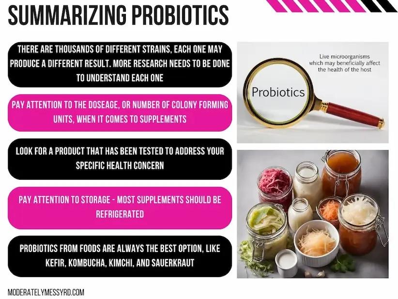 An infographic summarizing how to choose a probiotic, what to look for when selecting a probiotic, and how they can be beneficial for our gut health.