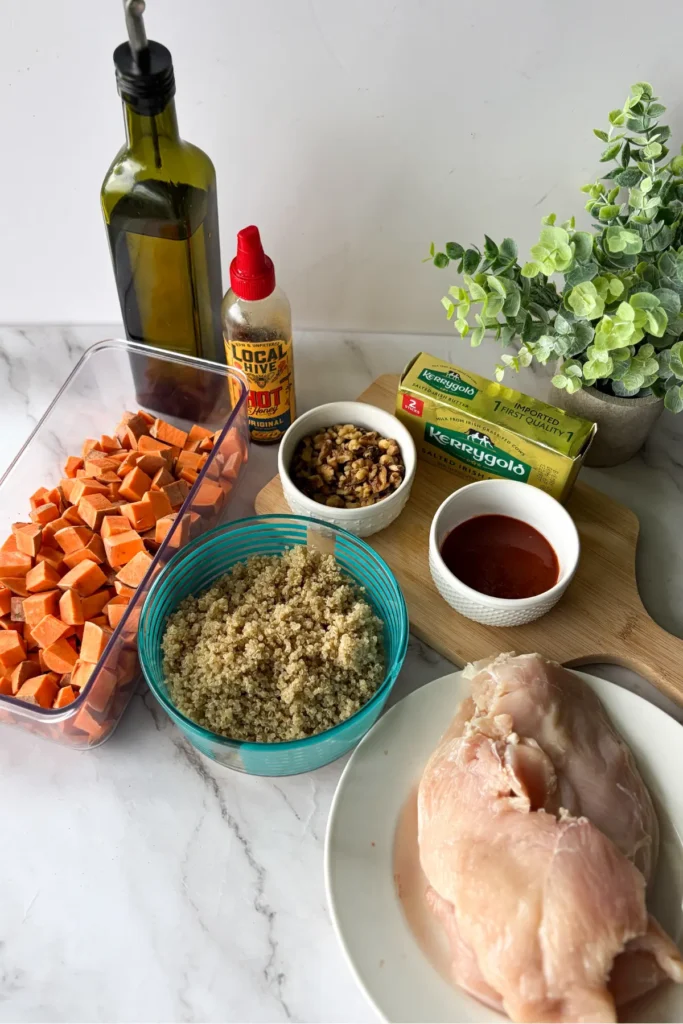 The ingredients for the sweet potato bowl on a counter.