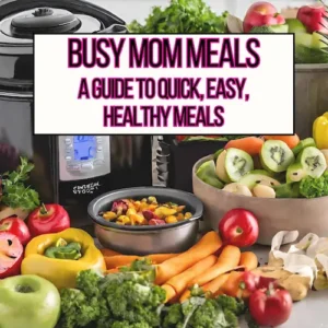 Busy mom meals main header image featuring an air fryer surrounded by a variety of different fresh fruits and vegetables.