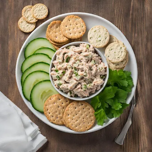 Tuna salad on a plate with crackers and cucumber slices.