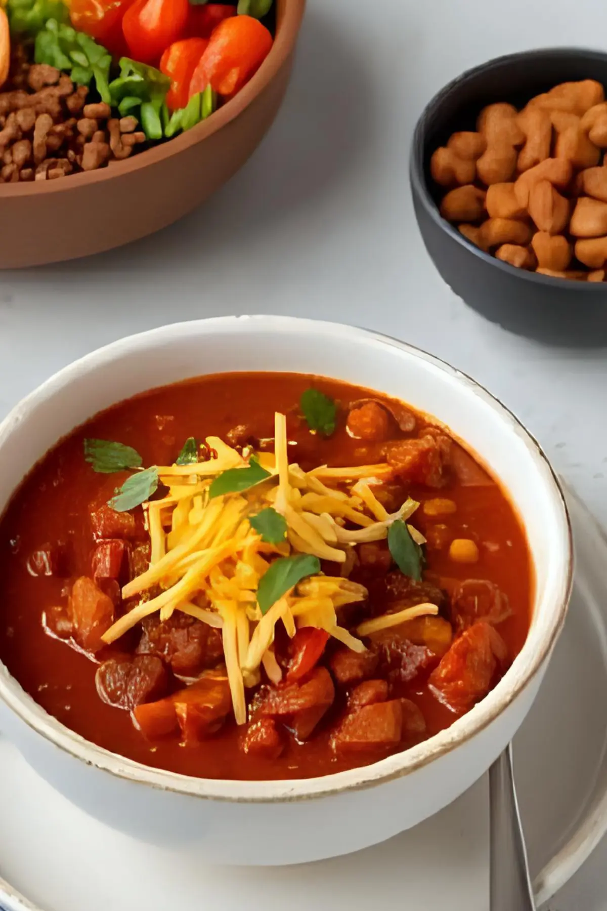 A bowl of chili on a counter next to a vegetarian power bowl.