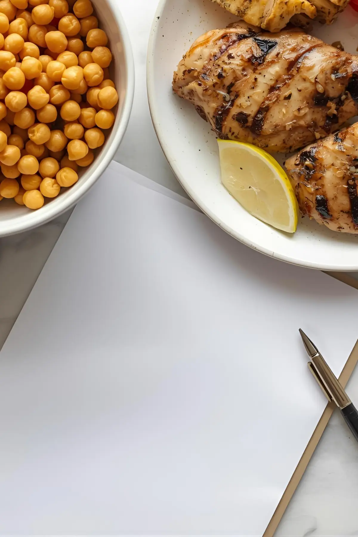 A sheet of paper with a pen next to a bowl of chickpeas and a plate of grilled chicken.