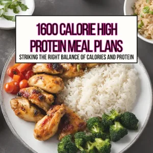 A plate of diced chicken, rice, and veggies on a table for 1600 calorie high protein meal plans main header image.