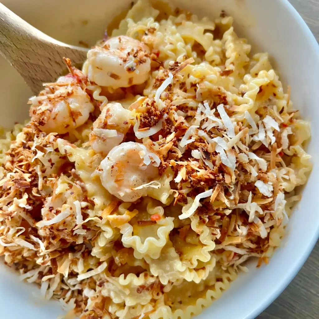 A large bowl of coconut shrimp pasta with toasted coconut flakes on top main header image.