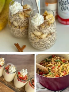 Banana cinnamon overnight oats, berry cheesecake yogurt cups and a pot of lentil pasta.