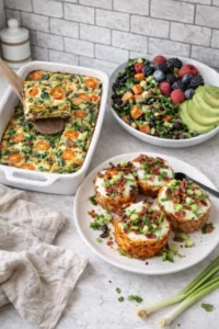 A bright white kitchen counter with a dairy-free, gluten-free breakfast casserole and two more dishes on it.