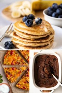A collage of chocolate baked oatmeal, a frittata and a stack of pancakes.