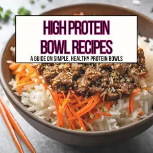 White rice, ground sausage and shredded carrots in a bowl for high protein bowl recipes main header image.