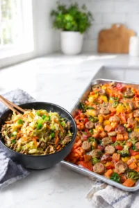 A sheet pan dinner and egg roll in a bowl on a bright white counter.