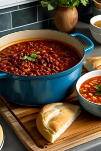 A big bowl of chili on a wooden cutting board next to crusty bread.