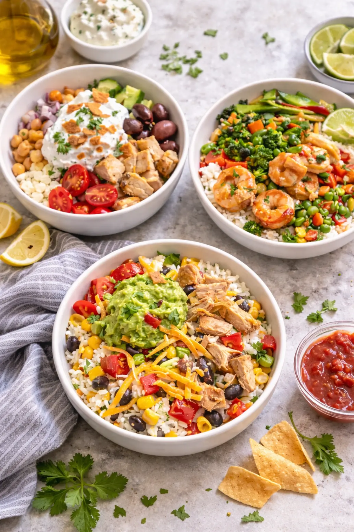 An Asian shrimp protein bowl, a chicken fajita and rice bowl, and a Greek chicken bowl on a table surrounded by garnishes like lemon and salsa.