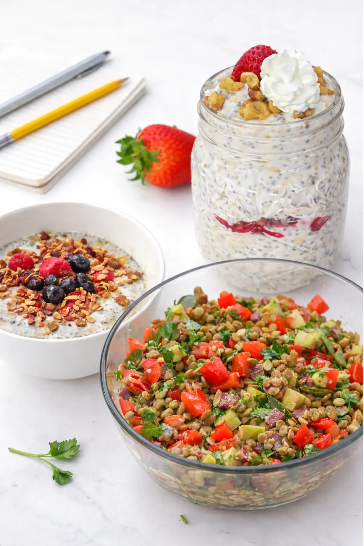 A lentil salad, overnight oats and a chia breakfast bowl sitting on a bright white counter next to a pen and paper.