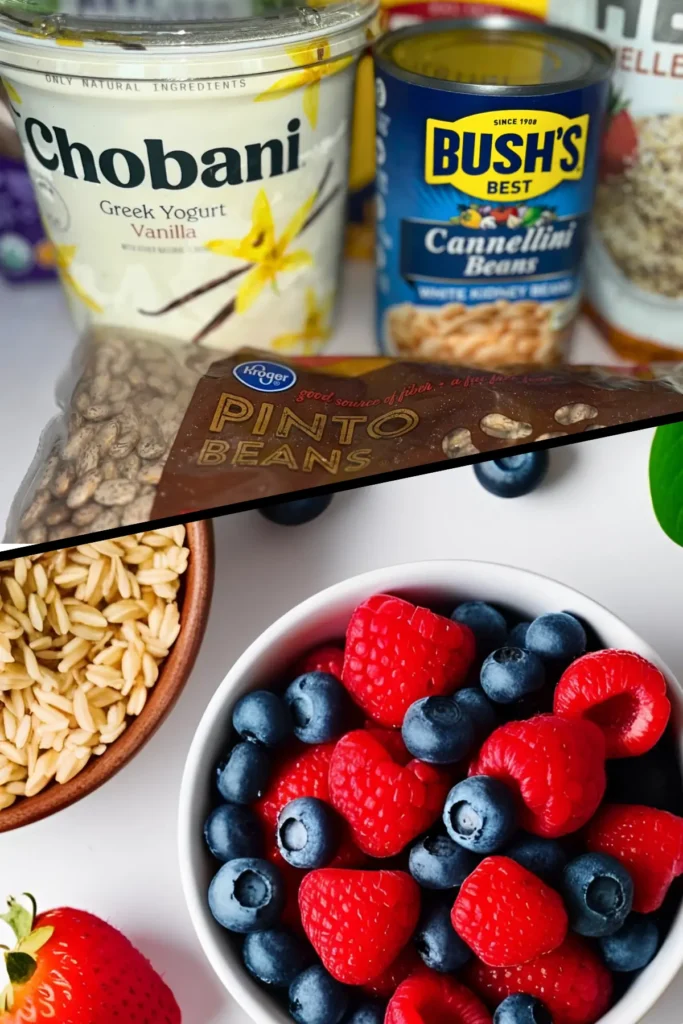A split photo with high quality protein sources like yogurt and beans and high fiber foods like oats and berries on the bottom.