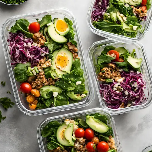 Individually portioned salads in meal prep containers for easy low calorie lunch meal prep ideas.