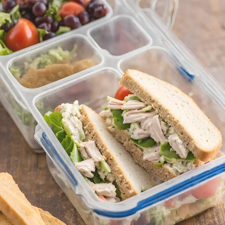 A chicken salad sandwich in a meal prep container.