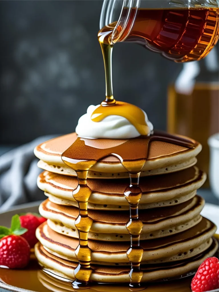 A stack of pancakes topped with Greek yogurt and being drizzled with maple syrup.