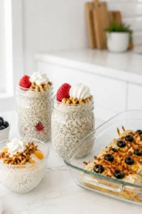 Strawberry overnight oats, a pan of breakfast burritos and a yogurt bowl on a counter in a bright white kitchen.