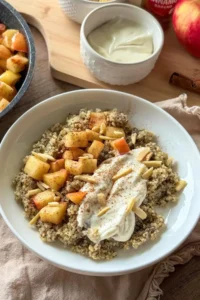 An apple cinnamon quinoa bowl topped with the Greek yogurt and cream cheese mixture in a white bowl on a table next to more yogurt and an apple.