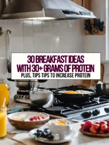 An image portraying eggs being cooked on a stove, a bowl of oatmeal and a glass of juice on the counter in the kitchen.