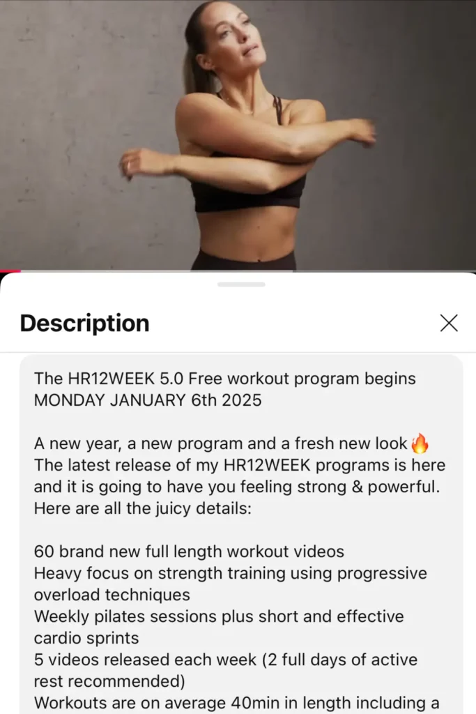 A screenshot of one of Heather's workout videos with the description of the program underneath.
