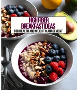 Bowls of oatmeal topped with chopped nuts and berries on a table next to an avocado.