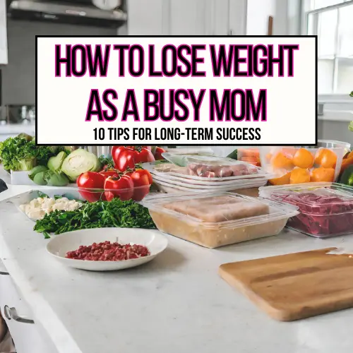 A kitchen counter covered with storage containers of food and a cutting board for how to lose weight as a busy mom main header image.