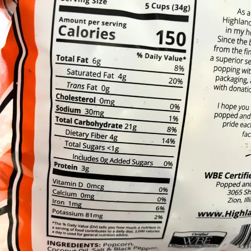 A nutrition facts label of popcorn for healthiest gas station snacks.