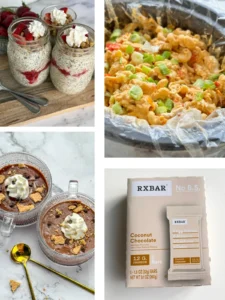 A collage of a slow cooker dinner, overnight oats, dark chocolate pudding and an RX bar to show easy meals for postpartum.