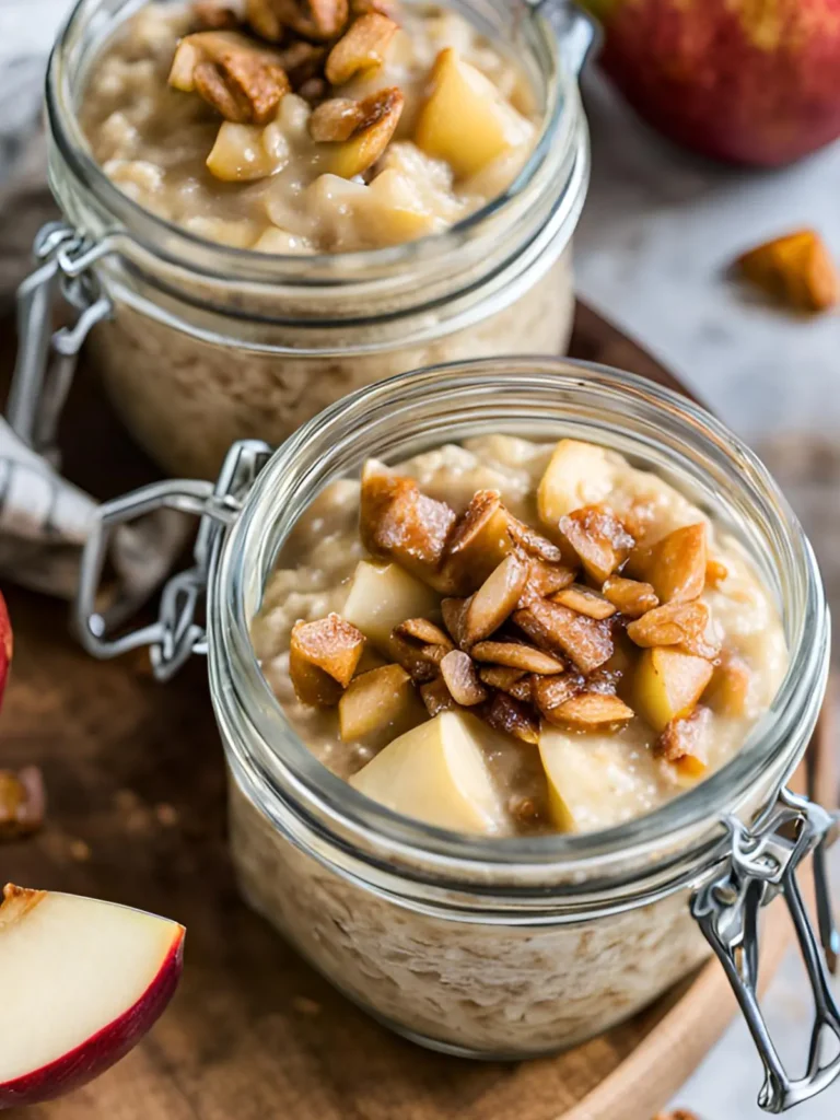 Two overnight oats mixtures in jars topped with caramelized apples and chopped nuts on a table.