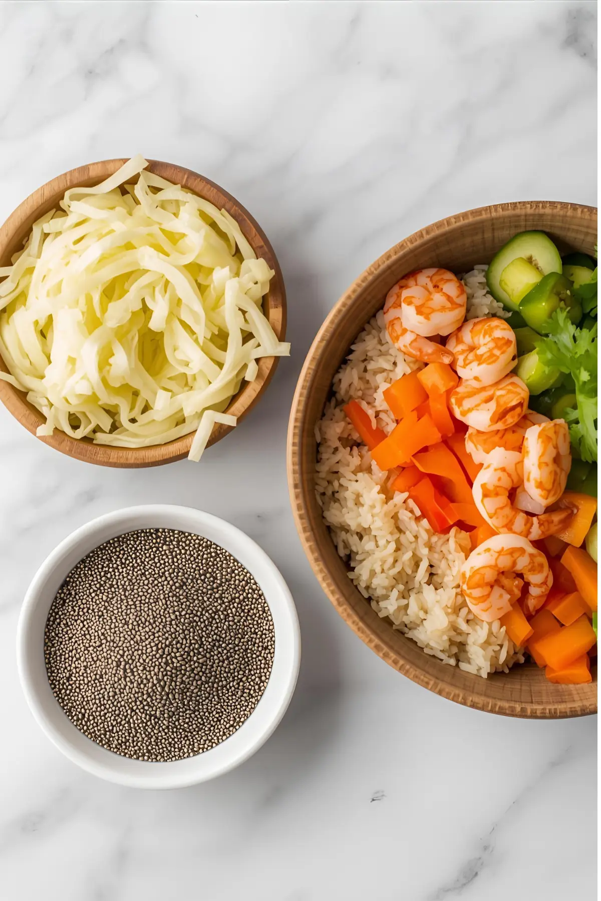 A shrimp and rice bowl next to a bowl of sauerkraut and a bowl of chia seeds.