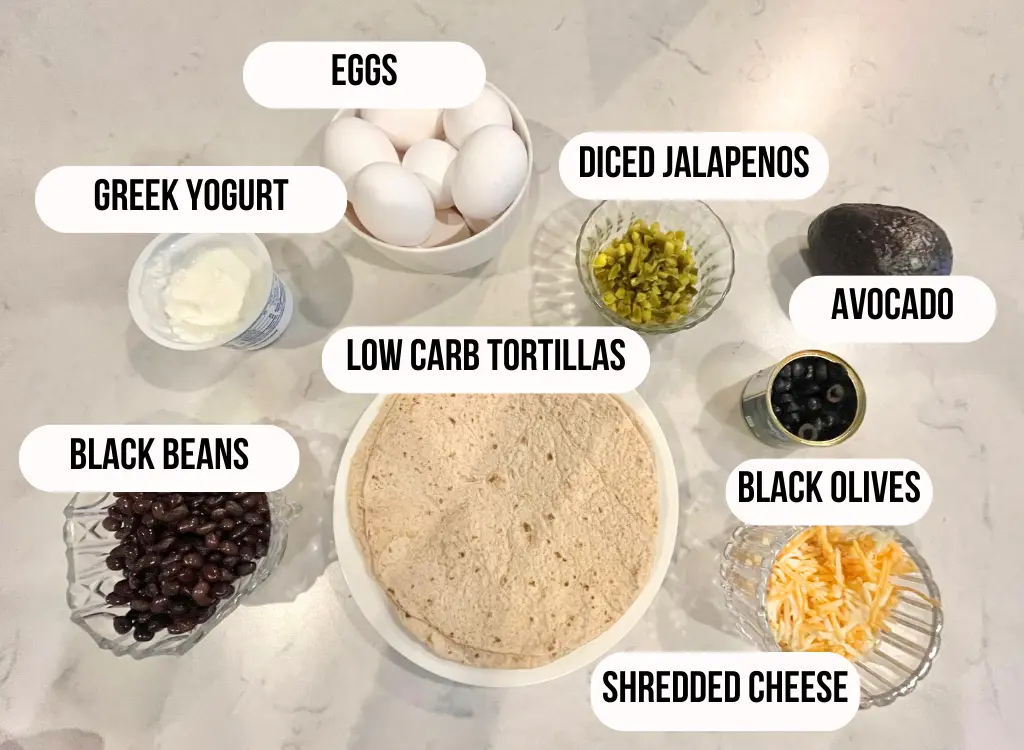 Individually portioned ingredients for the high protein breakfast burrito.