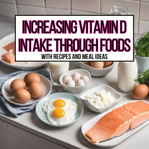 A plate of salmon, eggs, a jar of milk on a counter in a kitchen for vitamin D rich foods main header image.