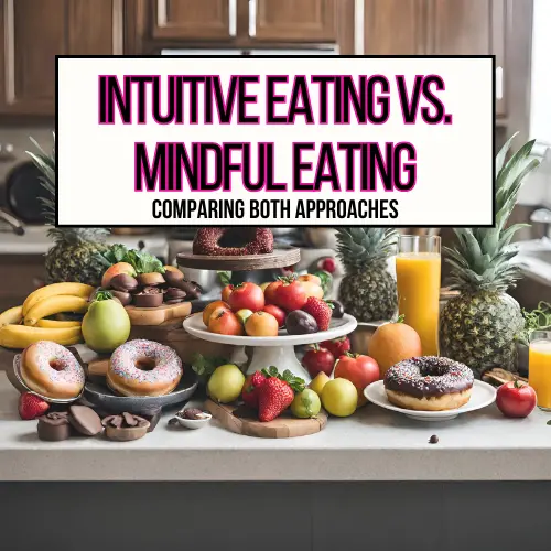 A kitchen counter full of fruits, vegetables, chocolate cake and donuts for intuitive eating vs. mindful eating main header image.