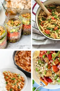 A collage of four plant-based meals with at least 20 grams of protein.