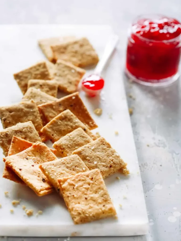 Almond flour crackers on a white cutting board next to a jar of jam.