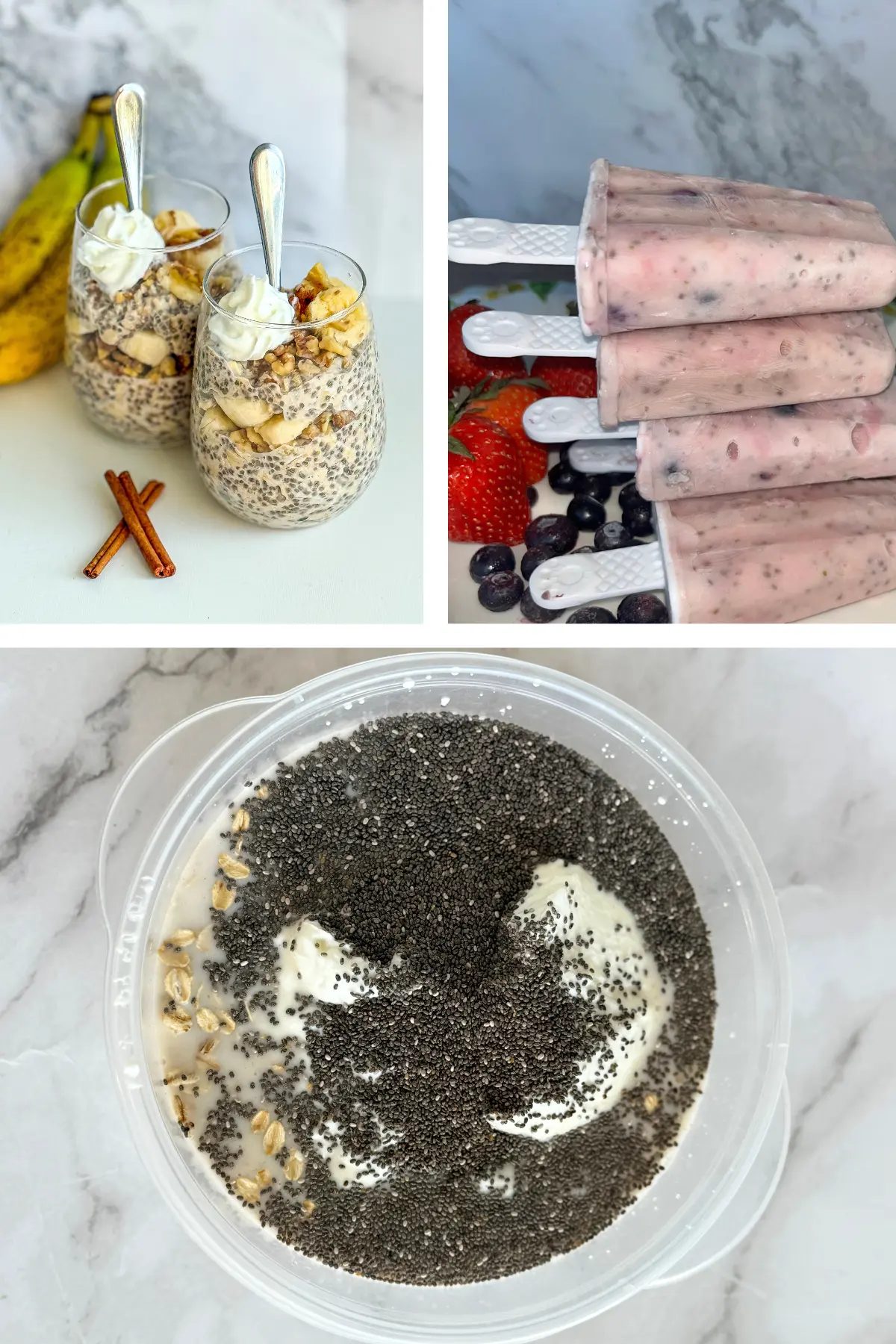 A collage of three photos: one with a bowl of chia seeds, then popsicles stacked on top of one another and two banana cinnamon overnighbt oats in glasses.