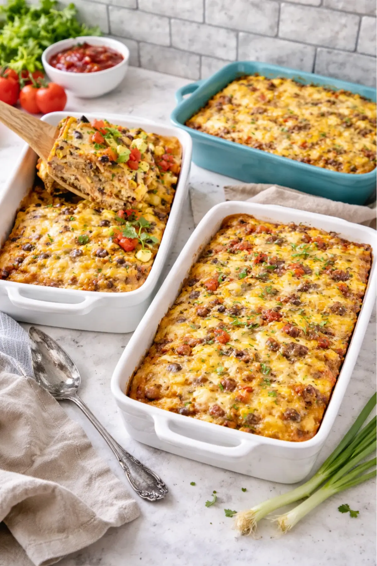 A bright white counter with three breakfast casseroles on it next to a bowl of salsa.