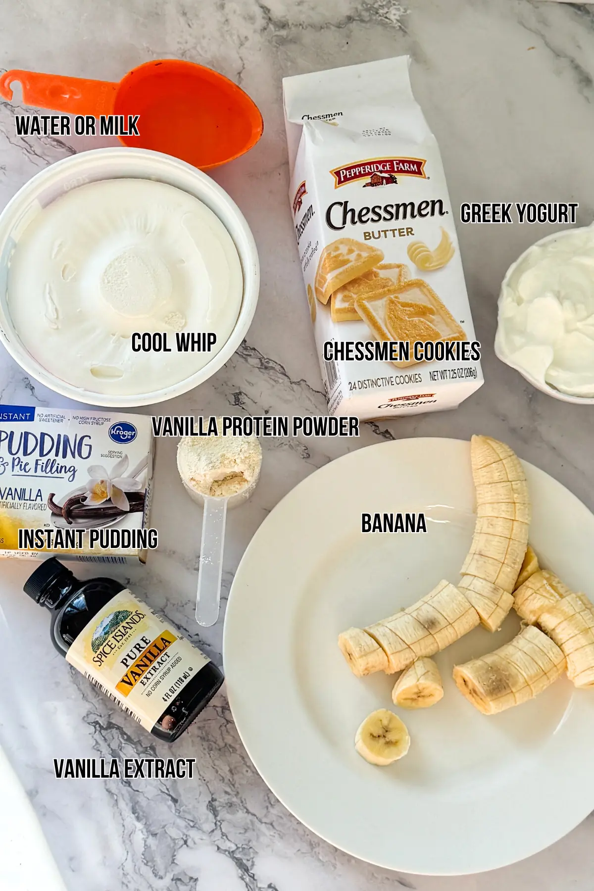 The ingredients for the banana pudding on a table.