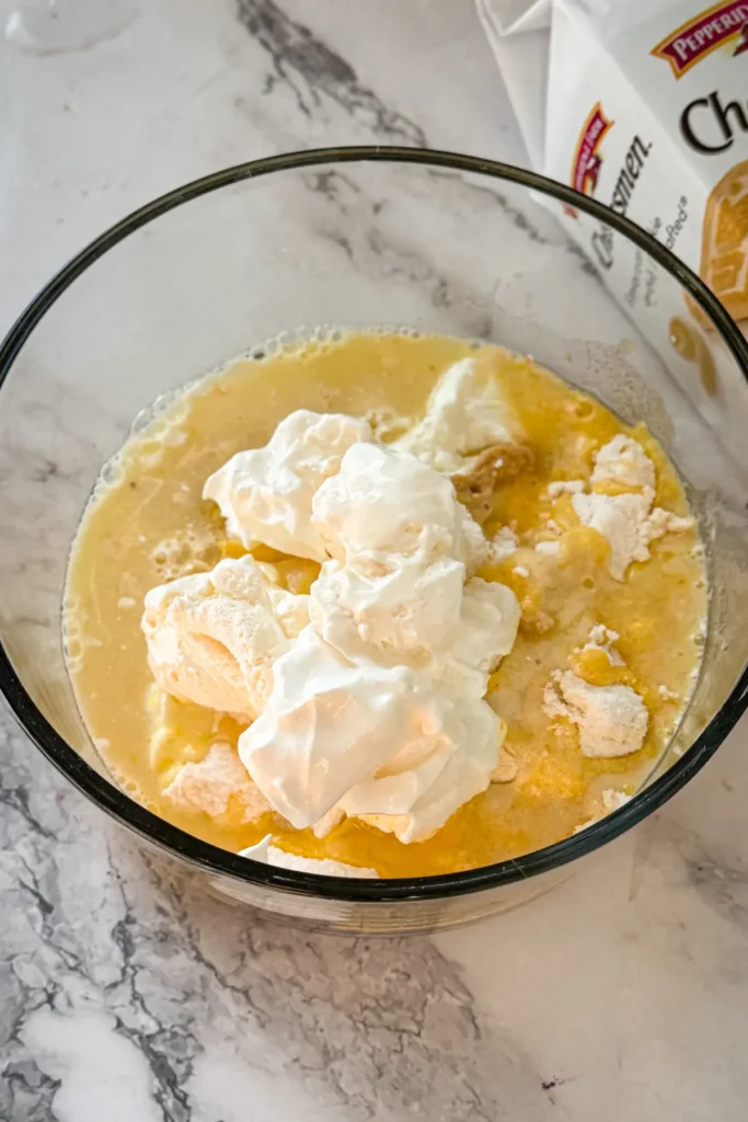 A bowl of pudding ingredients before it is whisked together.